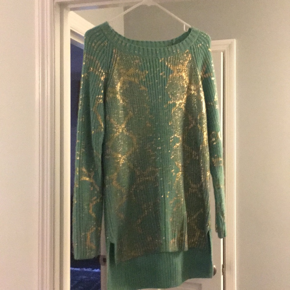 Turquoise and gold log sleeved sweater